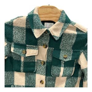 Avec Les Filles Size Med Green & White Plaid Long Sleeve Button Up‎ Shirt Jacket